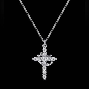 Silver Crown and Rhinestone Cross Necklace